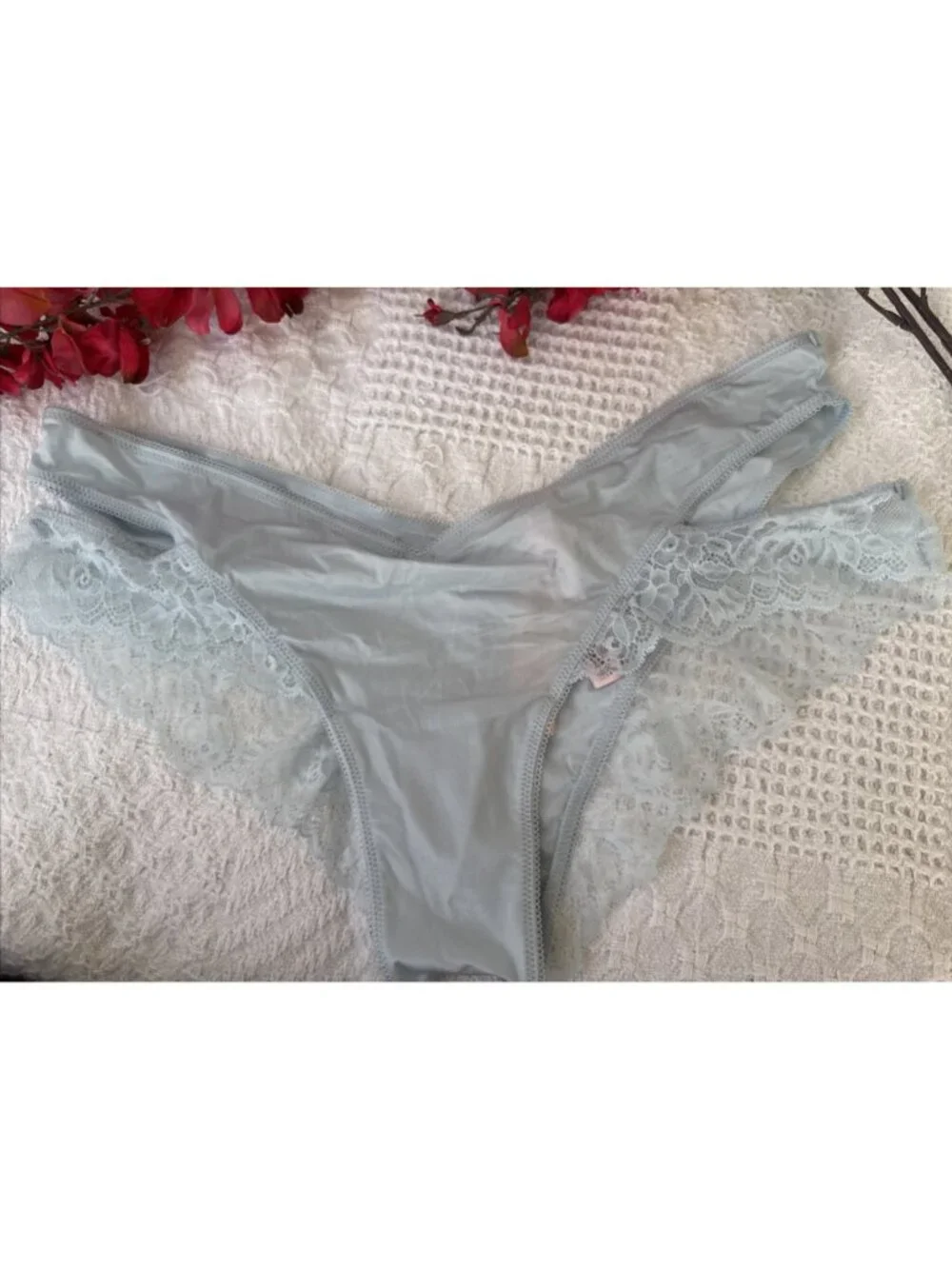 VICTORIA'S SECRET L BLUE WINGS VERY SEXY HIGH LEG CHEEKY SILKY PANTIES NWT